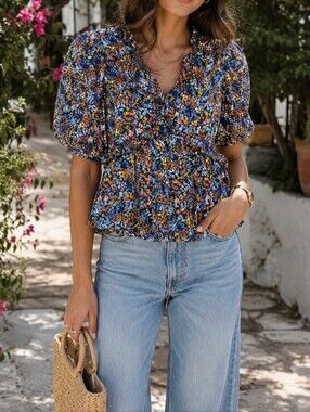 NWT APRICOT Navy Multicolor Floral Ruffle Peplum Blouse Cottagecore Boho Top